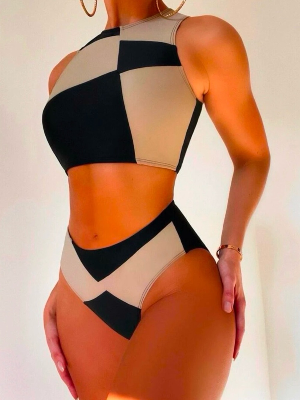 SHEIN Black and Tan Colorblock High Neck Bikini Set NEW MEDIUM